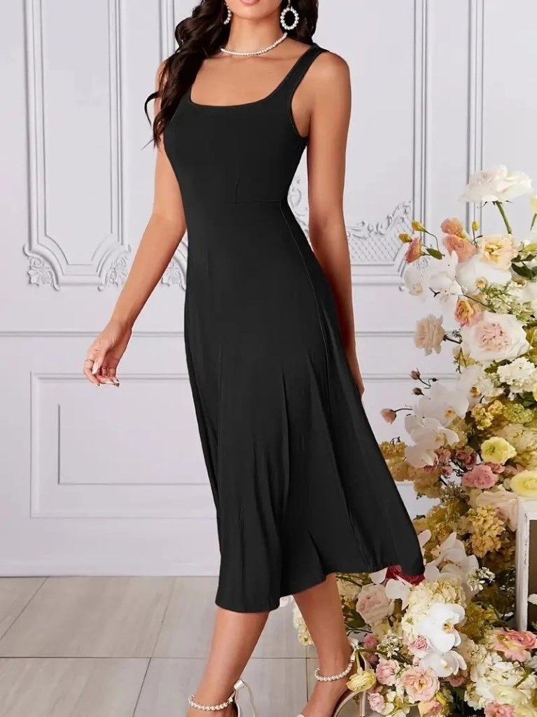 Emh Store Kadın Askılı Geometrik Yakalı Geniş Kesim Detaylı Ithal Krep Elbise Siyah