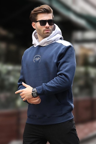 Madmext Lacivert Kapüşonlu Renk Bloklu Nakış Detaylı Erkek Sweatshirt 7088 Lacivert