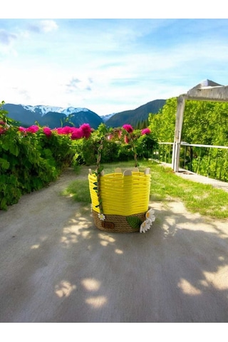 El Yapımı Çok Amaçlı Hasır Sepet Banyo Makyaj Kutusu Takı Organizer Komodin Sarı