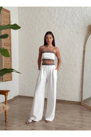 Aztek Motifli Şerit Korse Crop Cepli Lastikli Palazzo Pantolon Modern Etnik Yazlık Boho Keten Takım Beyaz