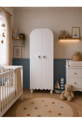 Gemici Oval 2 Kapaklı Dolap Tamamı Mdf Mavi Kulp Beyaz - Mavi