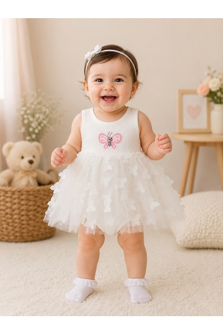 Beniizle Kelebek Nakışlı Kız Bebek Elbise Beyaz