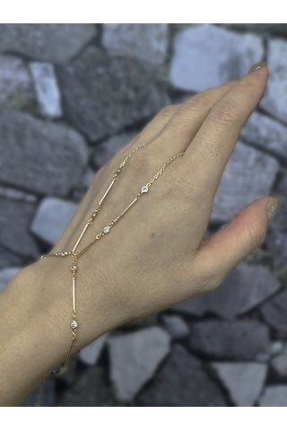 Zirkon Taşlı Gümüş Şahmeran Bileklik Uzun Çubuk Zincirli Tasarım - Gold Renk Altın