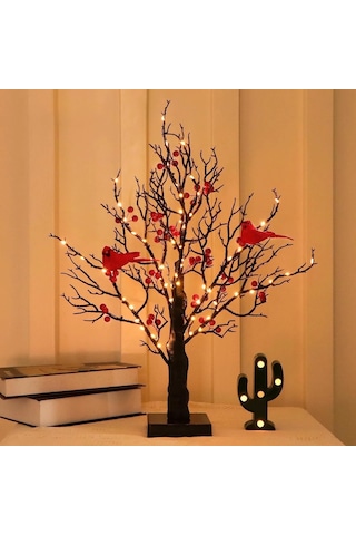 Geeroyoo Led Aydınlatmalı Kırmızı Kuş Ve Meyve Desenli Orman Dekorasyon Lambası - Noel, Yılbaşı, Partiler İçin Isıklı Ambiyans Oluşturucu Tahtaüstü Dekoratif Işık Kırmızı