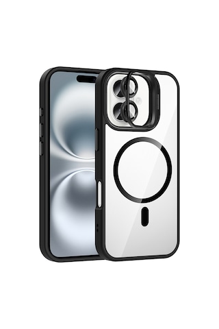 Zore Apple Uyumlu iPhone 16 Kılıf Standlı Ve Kamera Lens  M-safe Şarj Özellikli Msra Etro K Siyah