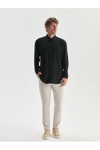 Lcw Vision Siyah Slim Fit Uzun Kollu Keten Karışımlı Erkek Gömlek