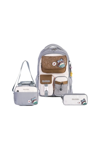 Vıatox Relaxion -1812 3'lü Set Çocuk İlkokul Çantası Kalemlikli Beslenme Çantalı Sırt Çantası Gri