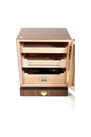 Premiumquality Las Condes Aksesuar Çekmeceli İçi Ledli Kahverengi Sedir Humidor Puro Kutusu - Tr9826