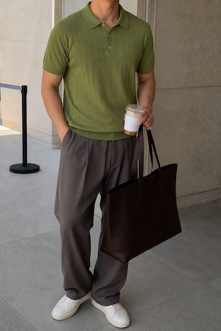 Tarz Cool Erkek Çizgili Triko Polo Yaka Tişört Slim Fit Premium Pamuklu Yazlık Polo Yeşil