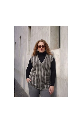 Onno Style Women Büyük Beden Kazayağı Desen Renkli Çelik Örgü Triko Kadın Yelek Gri