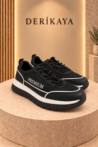 Deri Kaya Erkek Premium Kalın Taban Bağcıklı Günlük Sneaker Spor Ayakkabı Siyah