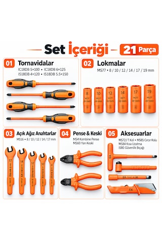 Elektrikli & Hibrit Araç Servisleri İçin 21 Parça 1000v İzolasyonlu El Aleti Seti