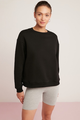 Ethıquet Sahra Kadın Pamuklu Içi Polarlı Yumuşacık Oversize Yuvarlak Yaka Basıc Siyah Sweatshirt