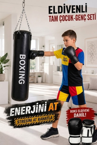 Çocuk Boks Seti 70 CMx25 CM Boks Torbası + Boks Eldiveni Siyah