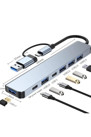 Type-c Adaptör 7in1 Usb 3.0 & 2.0 Hub Type-c Çoklayıcı Dönüştürücü Hızlı Şarj Destekli