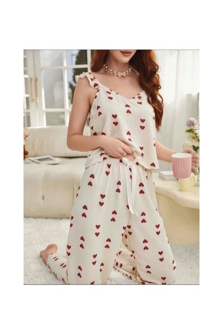 Motto10 Butik Kadın Ekru Kırmızı Kalp Desenli Yumuşak Pamuklu Uzun Pijama Takımı 5136