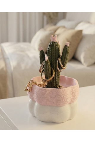 Elana Design Kaktüs Tasarımlı Takı Kutusu Yüzük, Bileklik Ve Kolye Düzenleyici Dekoratif Saklama Kutusu Mermer-pembe
