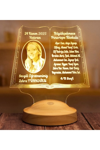 Öğretmene Özel Fotoğraflı 3D LED Lamba - Kitap Şeklinde Kişiye Özel, Mezuniyet Hatırası ve Öğretmenler Günü Hediyesi