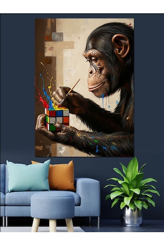 Rubik Küp Karizmatik Maymun Figürü Dekoratif Kanvas - Mdf Ahşap Tablo