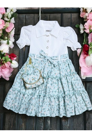 Çantalı Çiçekli Kız Çocuk Elbise Yeşil