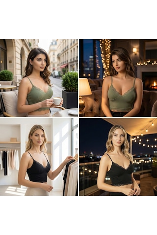 Lusistore Crop Bluz Takım Askılı Dantelli Pedli Büstiyer Bralet %95 Pamuk siyah