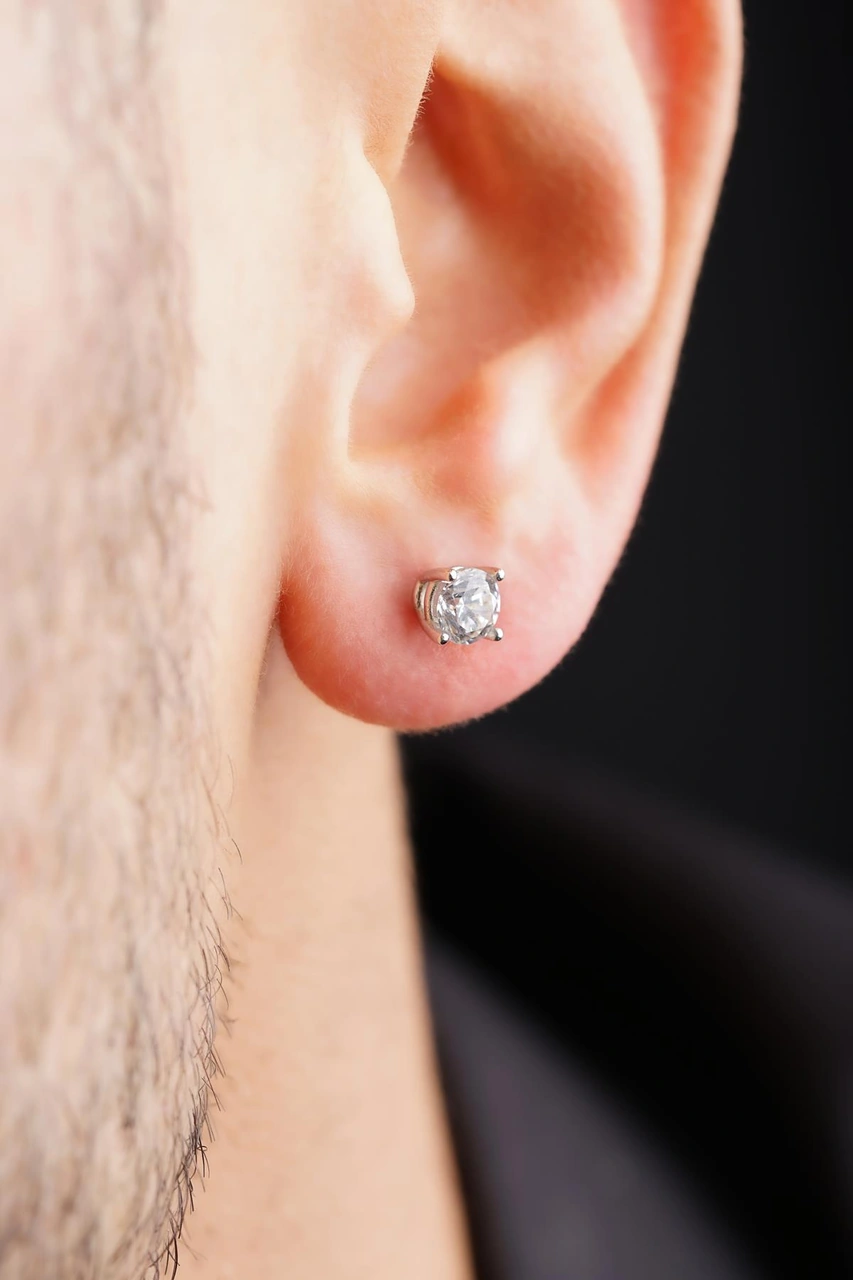 14 Ayar Altın Tektaş Küpe Erkek Kp5970 Beyaz Altın