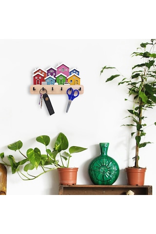 Cajuart Yanyana Renkli Evler Ahşap Dekoratif Duvar Askısı Anahtarlık Modern Dekor