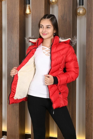 Lasgaris Jeans Kız Çocuk Kapüşonlu Kürk Detaylı Şişme Mont Kırmızı