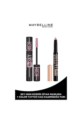 Maybelline New York Lash Sensational Sky High Cosmic Black Maskara + Color Tattoo Eye Stix Göz Farı Kaş Kalemi Courageous