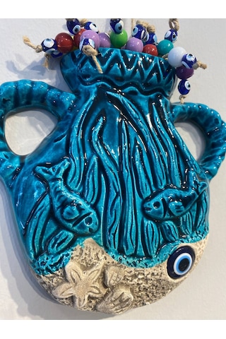 El Yapımı Nazar Boncuğu, Duvar Dekorasyon Ürünü, Seramik, El İşçiliği, Turkuaz Renkte Saksı Desenli -