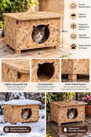 Reyo Yetişkin ve Yavru Kedi Evi İç ve Dış Mekana Uygun Kedi Evi Sokak Kedileri İçin Yuva Kedi Barınağı 50 x 35 x 30 CM CAT19