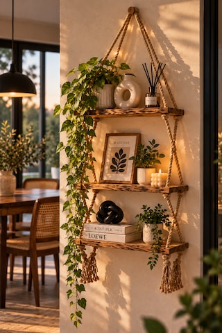 Modern Doğal 2 Katlı Ahşap Halatlı Dekoratif Duvar Rafı, Kitaplık , Çiçeklik, Retro Hasır Ipli Ahşap Vernikli , Peri Led Hediyeli -