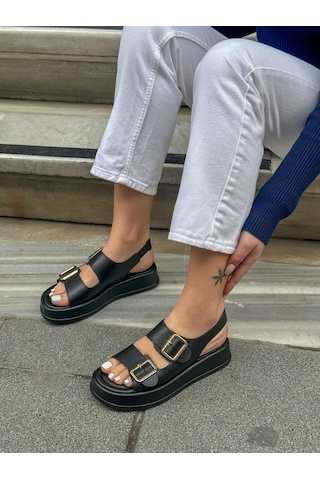 Erva'nın Butiği Siyah Cilt Jenny Gold Toka Detay Kadın Sandalet-5745