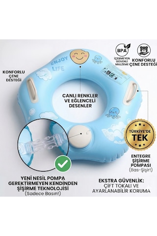 Bas Şişir Pratik Bebek Yüzme Simidi Pompa Gerektirmeyen Ebeveyn Tutma Yerli Çift Emniyetli Mavi Simit 1
