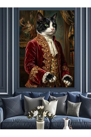 Saray Kıyafetli Aristokrat Kedi Portresi Dekoratif Kanvas - Mdf Ahşap Tablo