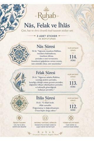 Hat Süsleme Etiket / İhlas Felak Nas Sureleri / A5 Boyutu 3 Adet / Osmanlı Motifleri / Dua