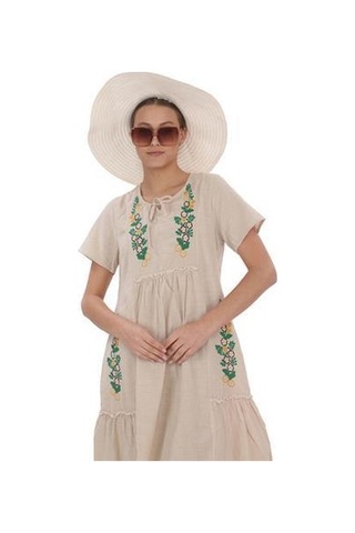 Yarım Kol Yuvarlak Yaka İşlemeli Keten Elbise-9166 KREm Krem