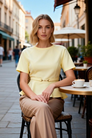 Benerly Kadın Bluz Peplum Kalıp Bisiklet Yaka Reglan Kol Kısa İnterlok Ör Sarı