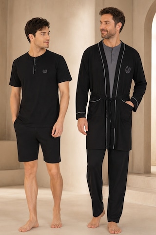 Loule Erkek Siyah Biyeli Penye Robdöşambr Pijama Seti 5 Parça