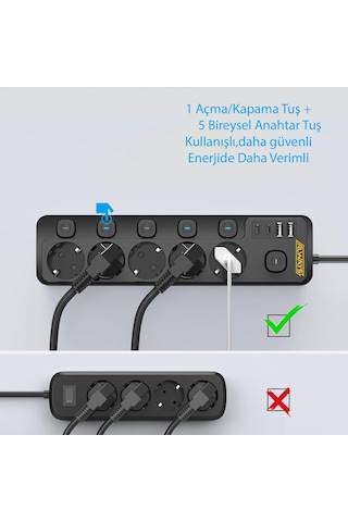 3680w Anahtarlı Akım Korumalı 5'li Grup Priz Çocuk Korumalı 2x Usb + 2x Type-c 2 M
