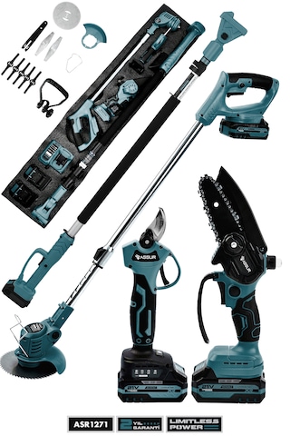 Assur Asr1271 4'lü Set 21v Teleskopik Bağ Makası & Çim Biçme Makinesi & Budama Testeresi Mavi Assur Asr1271 4'lü Set 21v Teleskopik Bağ Makası & Çim Biçme Makinesi & Budama Testeresi Mavi