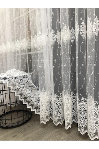Tül Perde Çerçeve Desen Brillant Marka Sedef Sim Brode Işleme Ekru