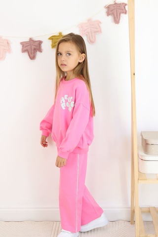 Kız Çocuk Hello Fun Baskılı İspanyol Paça İki İplik Eşofman Takımı Koyu Pembe