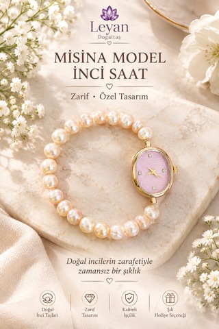Misinа Model Doğal İnci Taşlı Saat Kadın Özel Tasarım Zarif Şık Bileklik Saat Pembe Pembe