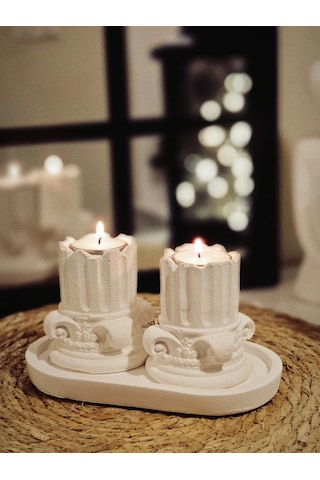 Tepside Dekoratif 2'li Yıkılmış Roma Sütunu Tealight Mumluk 8cm Ve 2 Adet Tealight Mum Hediyeli Beyaz