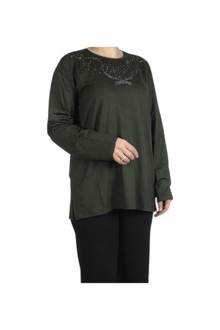 Kadın Yakası Taşlı Likralı Büyük Beden Bluz Arpbattal1 Haki