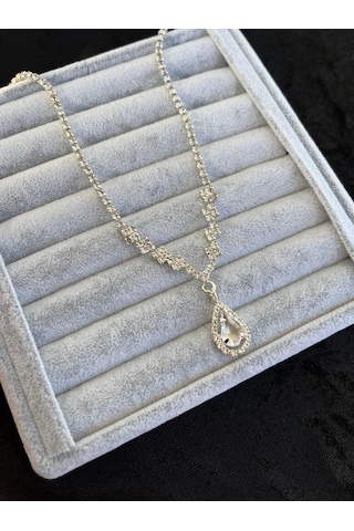 Gümüş Renk Düğün Nişan Kına Damla Zirkon Taşlı Kararmaz Paslanmaz Abiye Kolye