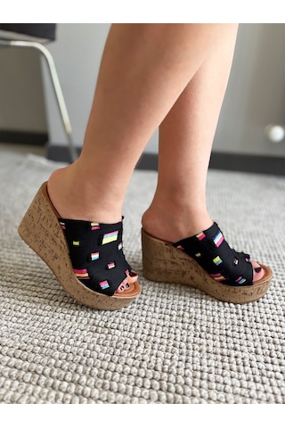 Asmi Shoes Kadın Limo Siyah Kot Dolgulu Mantar Taban Terlik 10 Cm Siyah