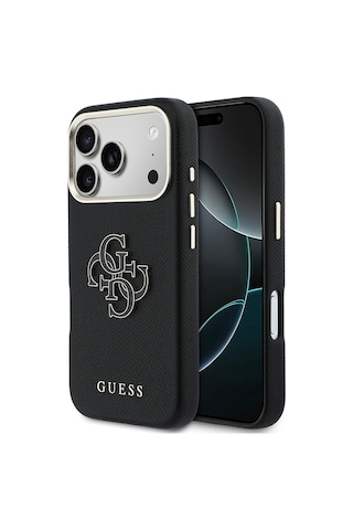 Apple Uyumlu iPhone 17 Pro Max Kılıf Guess Lisanslı 4g Büyük Metal Kamera Çerçeveli Pu Deri Resin Kapak Siyah