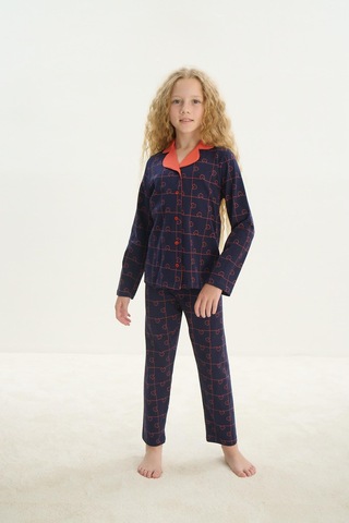 Sevim Kız Çocuk Uzun Kol Gömlek Yaka Önden Düğmeli Lacivert Pijama Takım C0t1n7o8 001